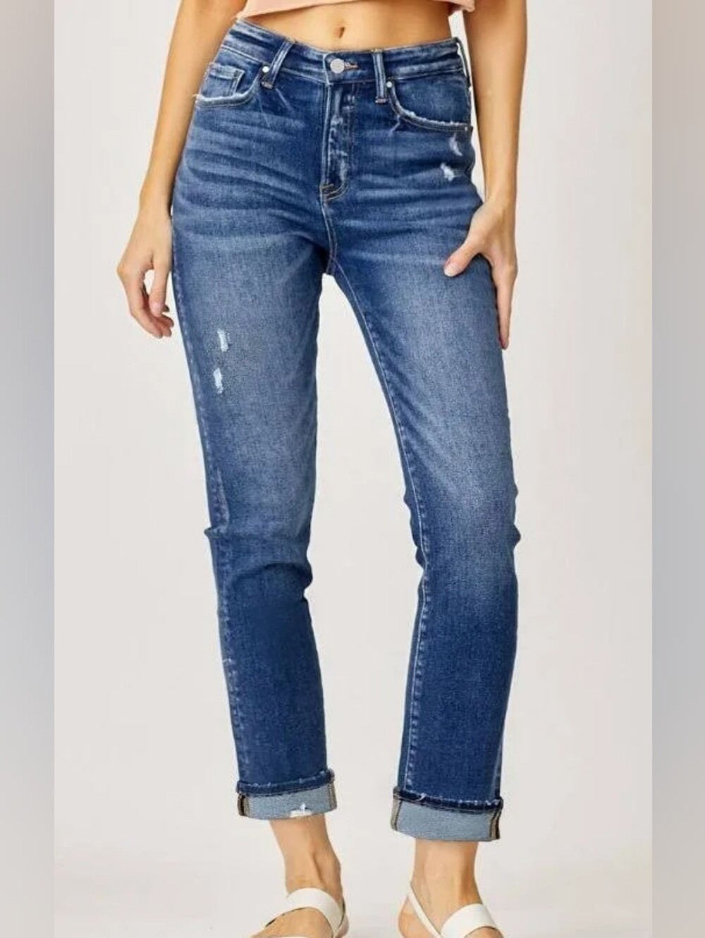 Risen High Rise Distressed Straight Jeans 11/30 Denim Comy Basic Everyday Casual